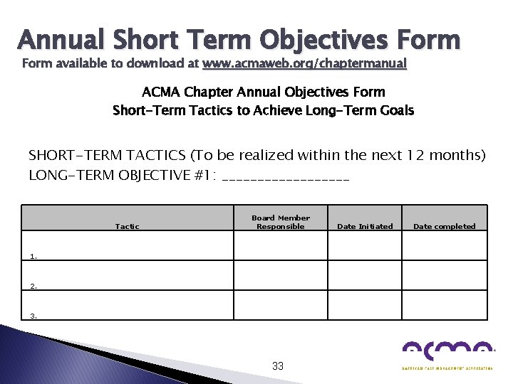 Annual Short Term Objectives Form available to download at www. acmaweb. org/chaptermanual ACMA Chapter