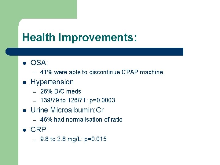 Health Improvements: l OSA: – l Hypertension – – l 26% D/C meds 139/79