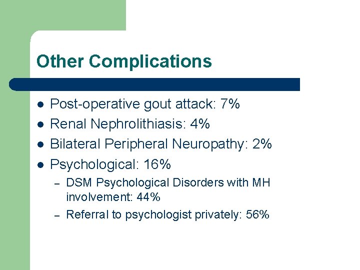 Other Complications l l Post-operative gout attack: 7% Renal Nephrolithiasis: 4% Bilateral Peripheral Neuropathy: