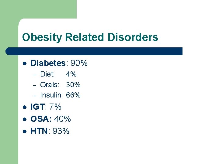 Obesity Related Disorders l Diabetes: 90% – – – l l l Diet: 4%