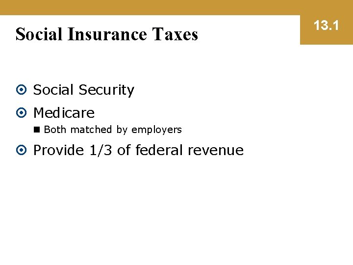 Social Insurance Taxes Social Security Medicare n Both matched by employers Provide 1/3 of