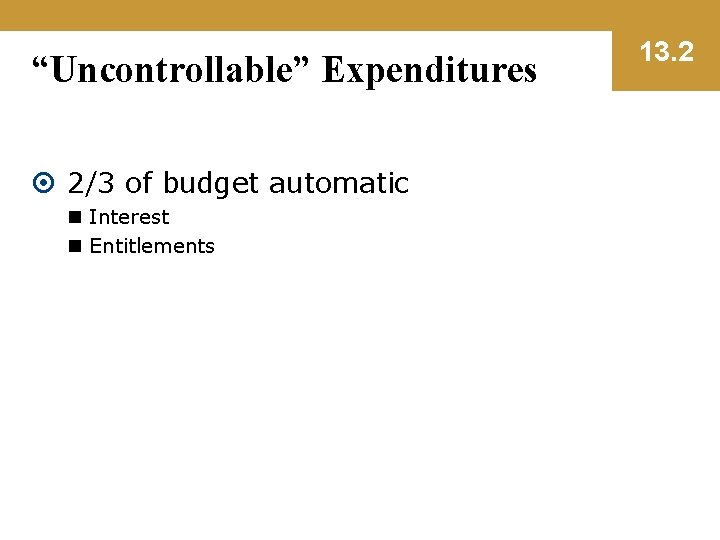 “Uncontrollable” Expenditures 2/3 of budget automatic n Interest n Entitlements 13. 2 