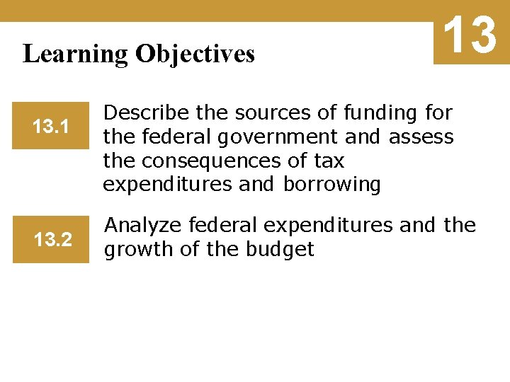 Learning Objectives 13. 1 13. 2 13 Describe the sources of funding for the