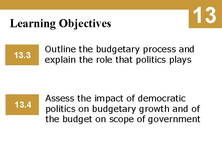 Learning Objectives 13 13. 3 Outline the budgetary process and explain the role that
