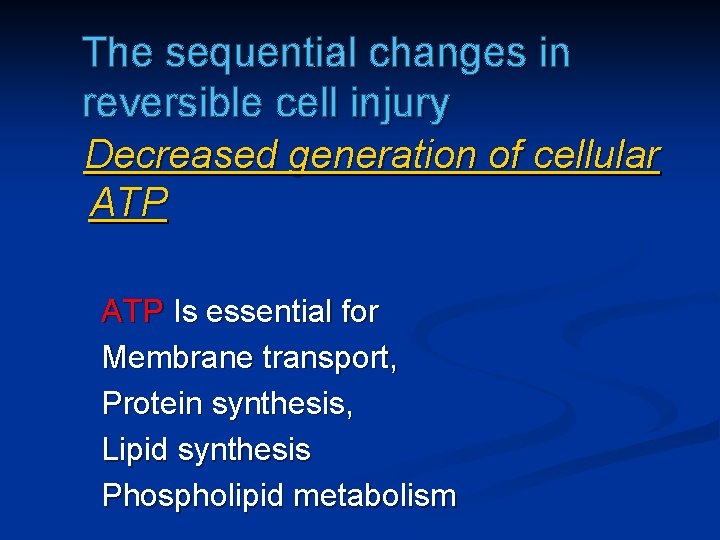 The sequential changes in reversible cell injury Decreased generation of cellular ATP Is essential
