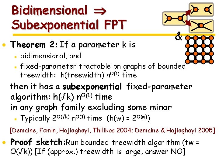Bidimensional Subexponential FPT · Theorem 2: If a parameter k is & ▪ bidimensional,