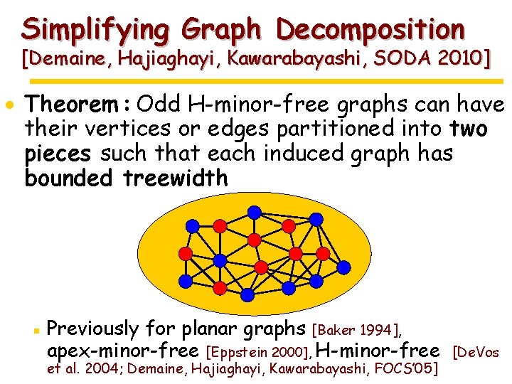 Simplifying Graph Decomposition [Demaine, Hajiaghayi, Kawarabayashi, SODA 2010] · Theorem : Odd H-minor-free graphs
