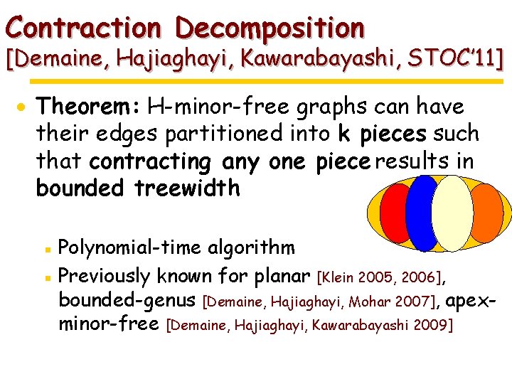 Contraction Decomposition [Demaine, Hajiaghayi, Kawarabayashi, STOC’ 11] · Theorem: H-minor-free graphs can have their