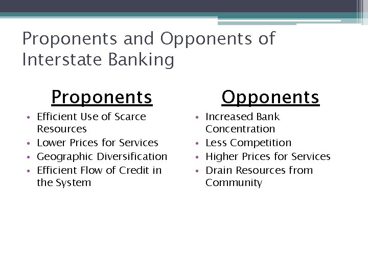 Proponents and Opponents of Interstate Banking Proponents • Efficient Use of Scarce Resources •