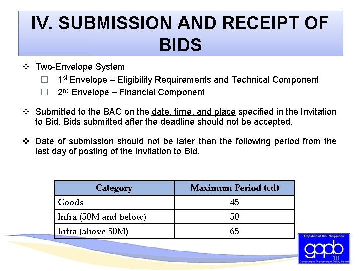 IV. SUBMISSION AND RECEIPT OF BIDS v Two-Envelope System � 1 st Envelope –