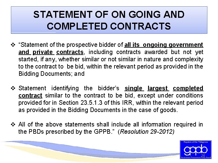 STATEMENT OF ON GOING AND COMPLETED CONTRACTS v “Statement of the prospective bidder of