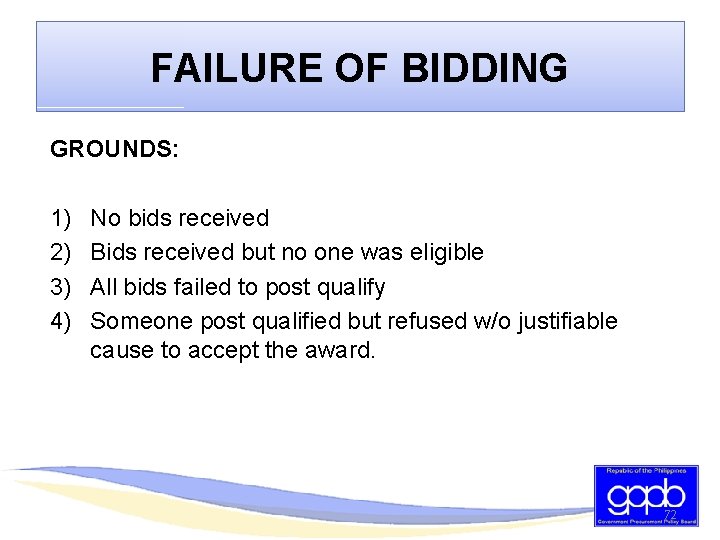 FAILURE OF BIDDING GROUNDS: 1) 2) 3) 4) No bids received Bids received but