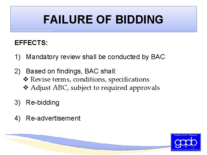 FAILURE OF BIDDING EFFECTS: 1) Mandatory review shall be conducted by BAC 2) Based