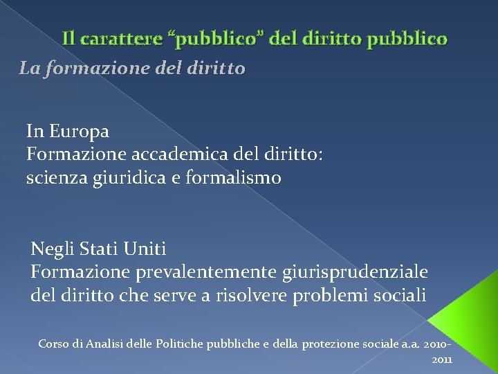 Il carattere “pubblico” del diritto pubblico La formazione del diritto In Europa Formazione accademica