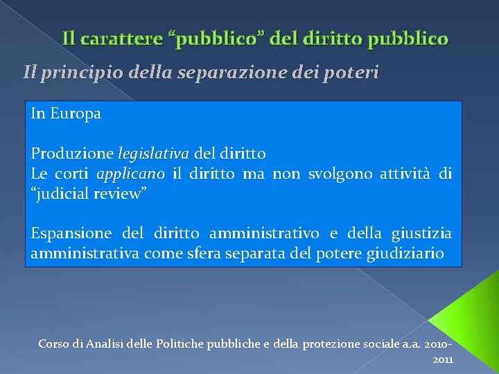 Il carattere “pubblico” del diritto pubblico Il principio della separazione dei poteri In Europa