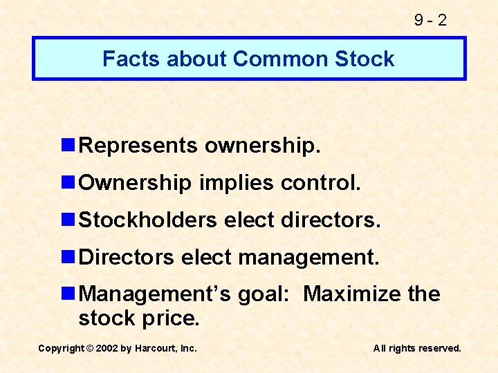 9 -2 Facts about Common Stock n Represents ownership. n Ownership implies control. n