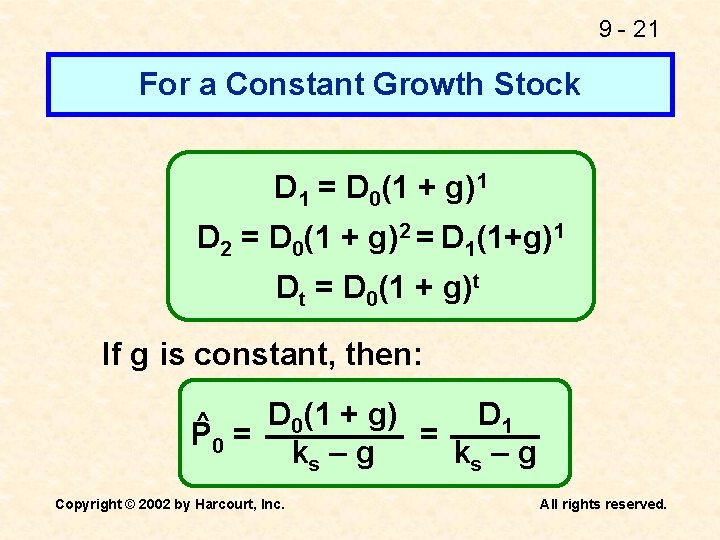 9 - 21 For a Constant Growth Stock D 1 = D 0(1 +