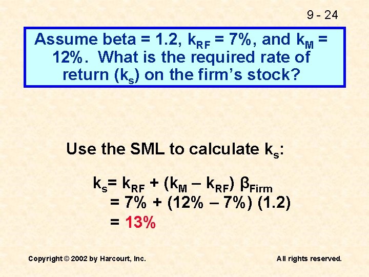 9 - 24 Assume beta = 1. 2, k. RF = 7%, and k.