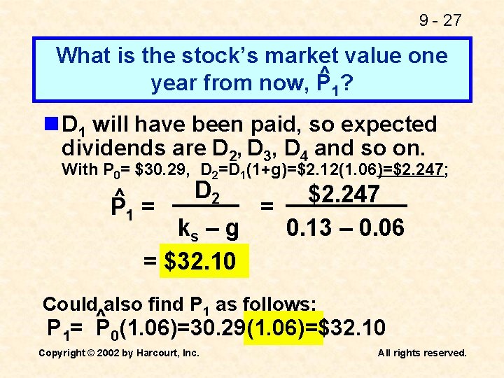 9 - 27 What is the stock’s market value one ^ year from now,