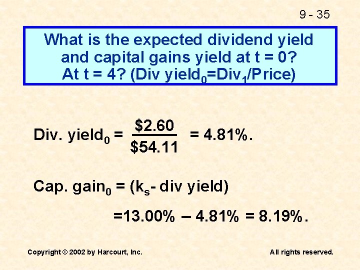 9 - 35 What is the expected dividend yield and capital gains yield at 9 - 35 What is the expected dividend yield and capital gains yield at