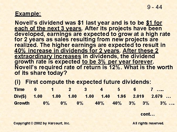 9 - 44 Example: Novell’s dividend was $1 last year and is to be