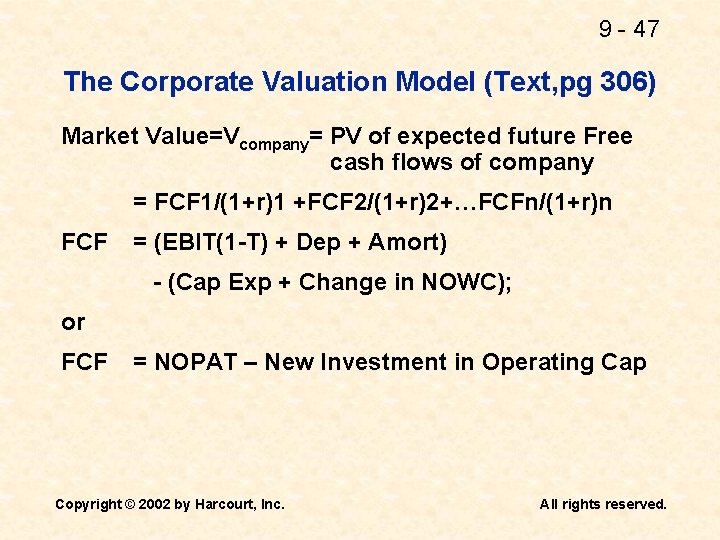 9 - 47 The Corporate Valuation Model (Text, pg 306) Market Value=Vcompany= PV of 9 - 47 The Corporate Valuation Model (Text, pg 306) Market Value=Vcompany= PV of