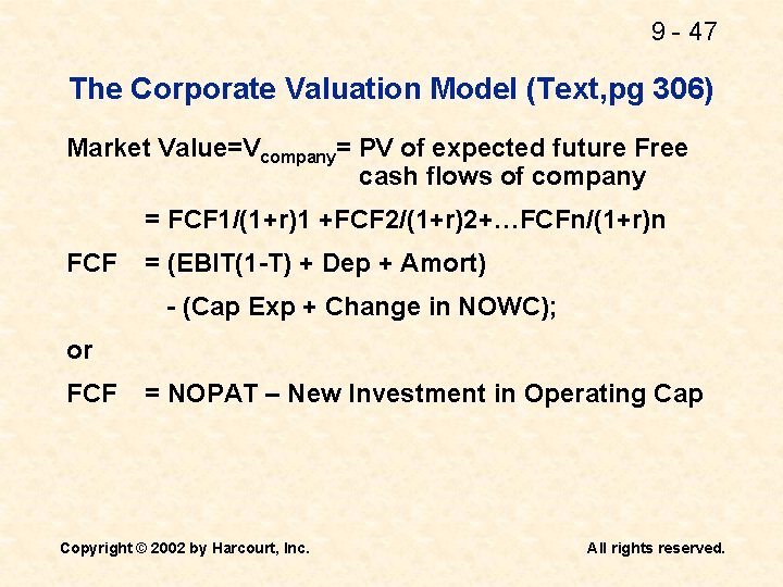 9 - 47 The Corporate Valuation Model (Text, pg 306) Market Value=Vcompany= PV of