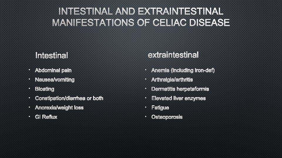 INTESTINAL AND EXTRAINTESTINAL MANIFESTATIONS OF CELIAC DISEASE INTESTINAL EXTRAINTESTINAL • ABDOMINAL PAIN • ANEMIA