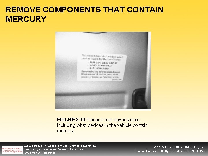 REMOVE COMPONENTS THAT CONTAIN MERCURY FIGURE 2 -10 Placard near driver’s door, including what