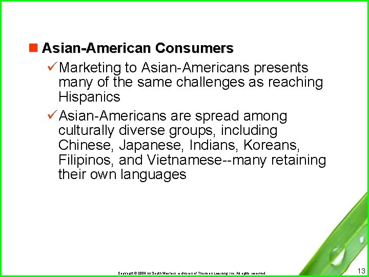 n Asian-American Consumers üMarketing to Asian-Americans presents many of the same challenges as reaching