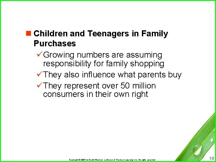 n Children and Teenagers in Family Purchases üGrowing numbers are assuming responsibility for family