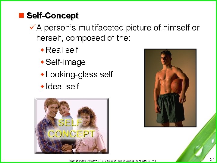 n Self-Concept üA person’s multifaceted picture of himself or herself, composed of the: w