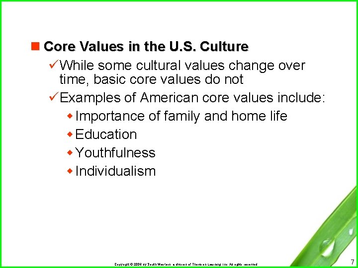 n Core Values in the U. S. Culture üWhile some cultural values change over