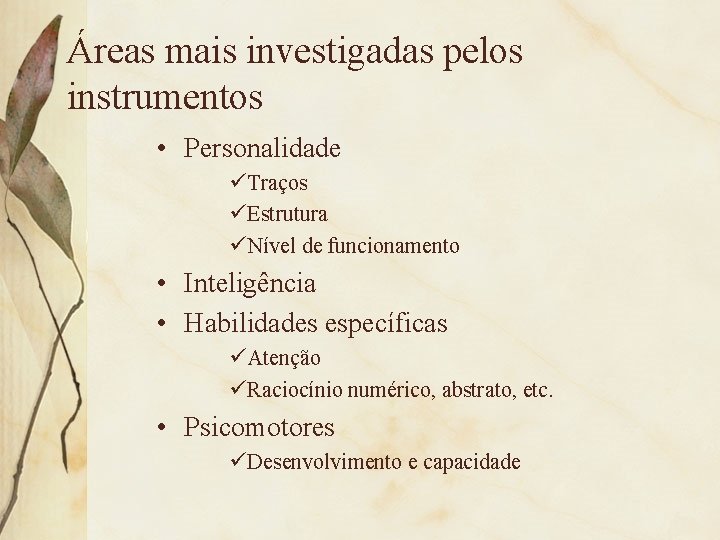 Áreas mais investigadas pelos instrumentos • Personalidade üTraços üEstrutura üNível de funcionamento • Inteligência