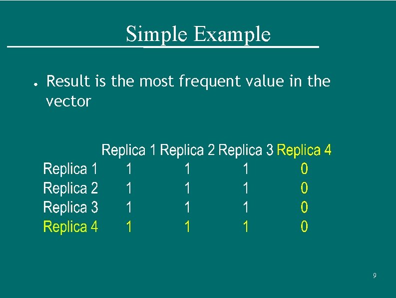 Simple Example ● Result is the most frequent value in the vector 9 