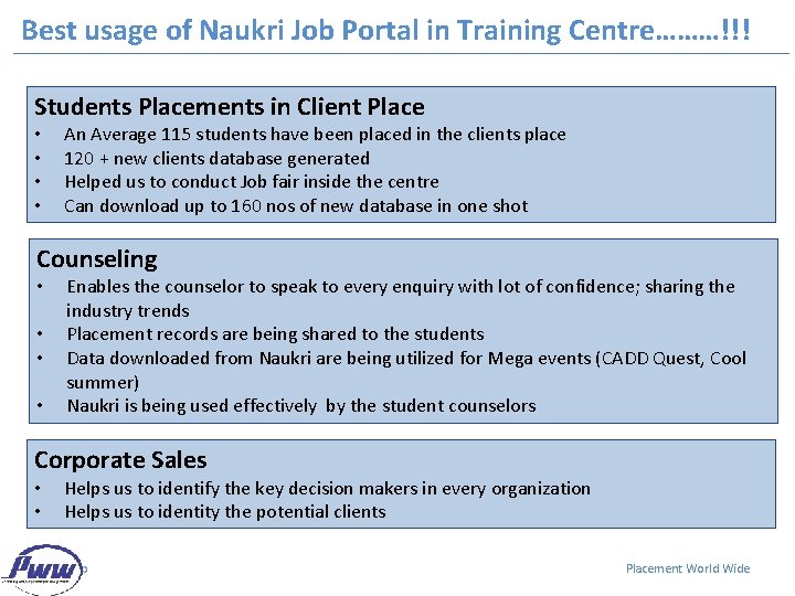 Best usage of Naukri Job Portal in Training Centre………!!! Students Placements in Client Place