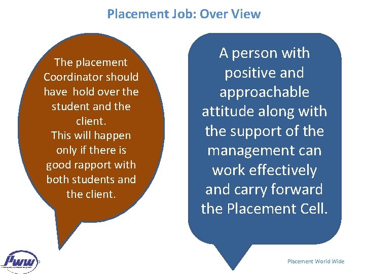 Placement Job: Over View The placement Coordinator should have hold over the student and