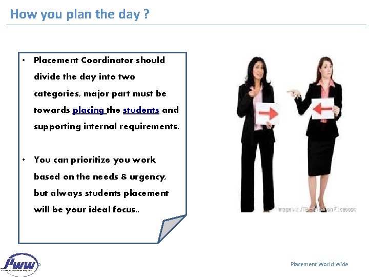 How you plan the day ? • Placement Coordinator should divide the day into