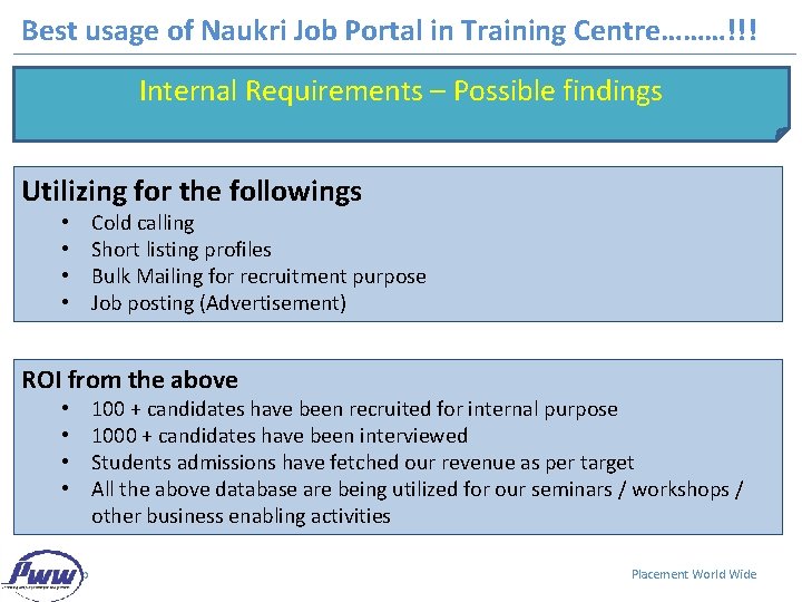 Best usage of Naukri Job Portal in Training Centre………!!! Internal Requirements – Possible findings