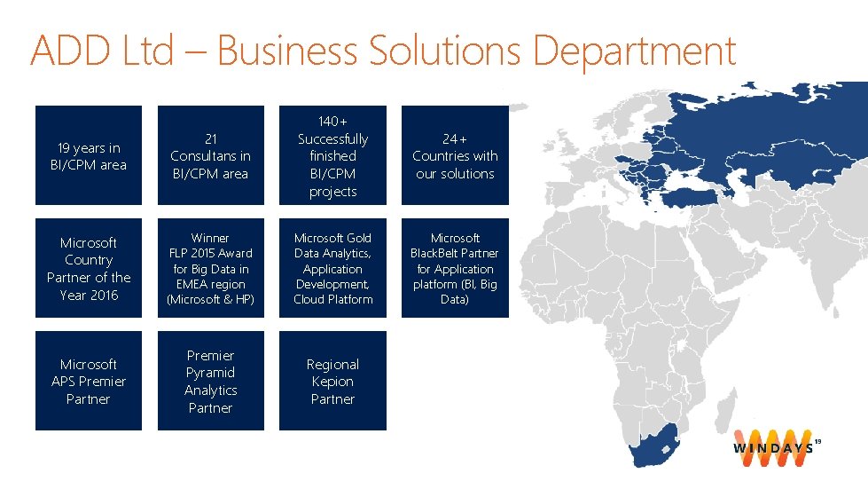 ADD Ltd – Business Solutions Department 19 years in BI/CPM area 21 Consultans in
