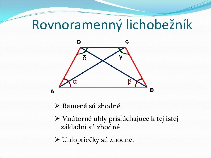 Rovnoramenný lichobežník D C δ γ α β B A Ø Ramená sú zhodné. Rovnoramenný lichobežník D C δ γ α β B A Ø Ramená sú zhodné.