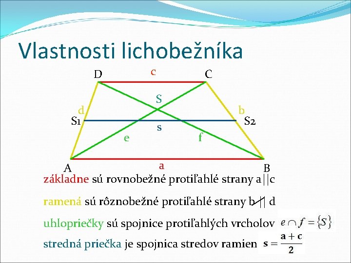 Vlastnosti lichobežníka c D C S d S 1 e s b S 2