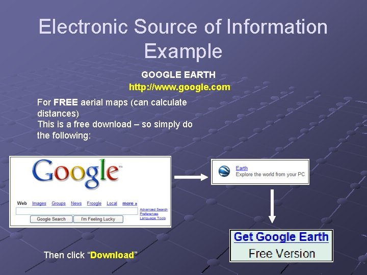 Electronic Source of Information Example GOOGLE EARTH http: //www. google. com For FREE aerial