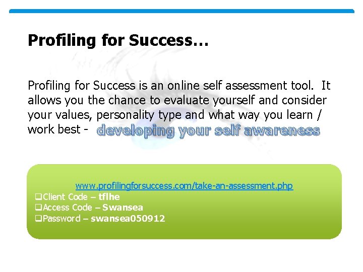 Profiling for Success… Profiling for Success is an online self assessment tool. It allows