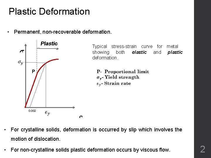 Plastic Deformation • Permanent, non-recoverable deformation. Plastic Typical stress-strain curve for metal showing both
