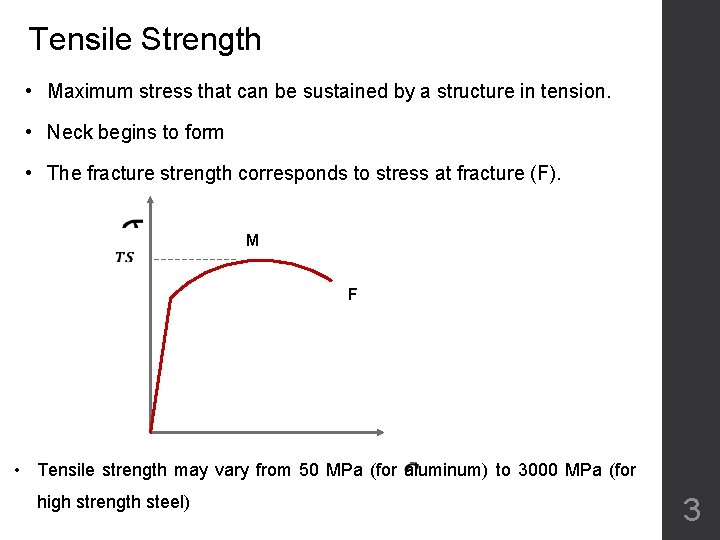 Tensile Strength • Maximum stress that can be sustained by a structure in tension.