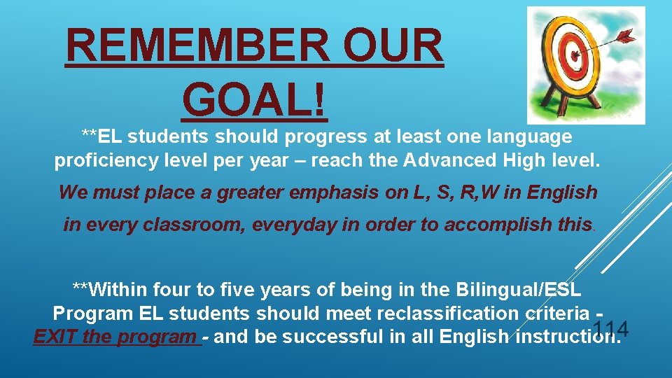 REMEMBER OUR GOAL! **EL students should progress at least one language proficiency level per