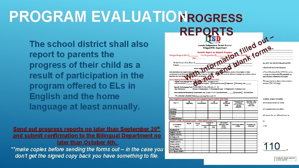 PROGRAM EVALUATION PROGRESS REPORTS The school district shall also report to parents the progress