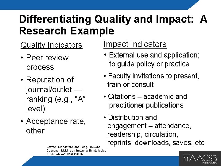 Differentiating Quality and Impact: A Research Example Quality Indicators Impact Indicators • Peer review