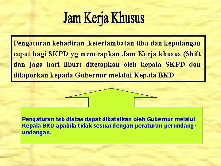 Pengaturan kehadiran , keterlambatan tiba dan kepulangan cepat bagi SKPD yg menerapkan Jam Kerja